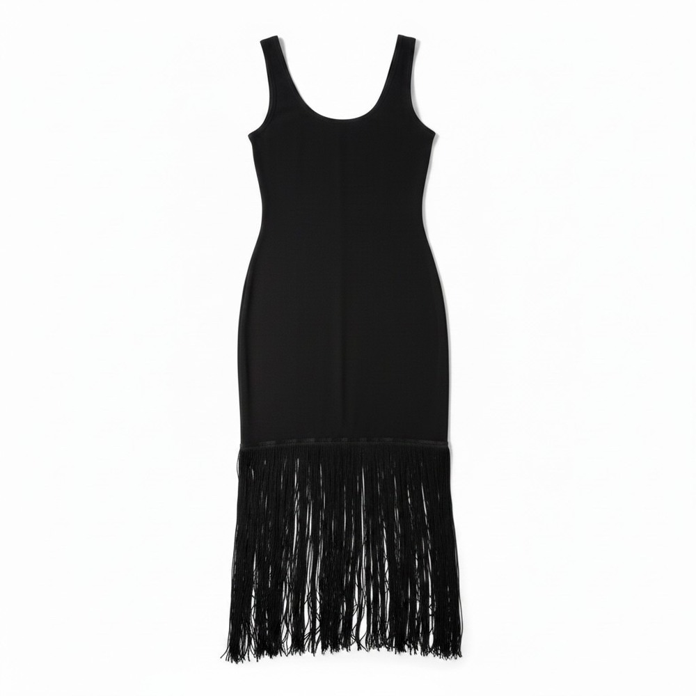 Cheryl Creations Fringe Midi Dress Large Black Scoop Neck Sleeveless Flapper